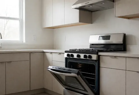 Modern residential kitchen featuring an open stainless steel oven, revealing a clean interior ready for repair, illuminated by natural window light.