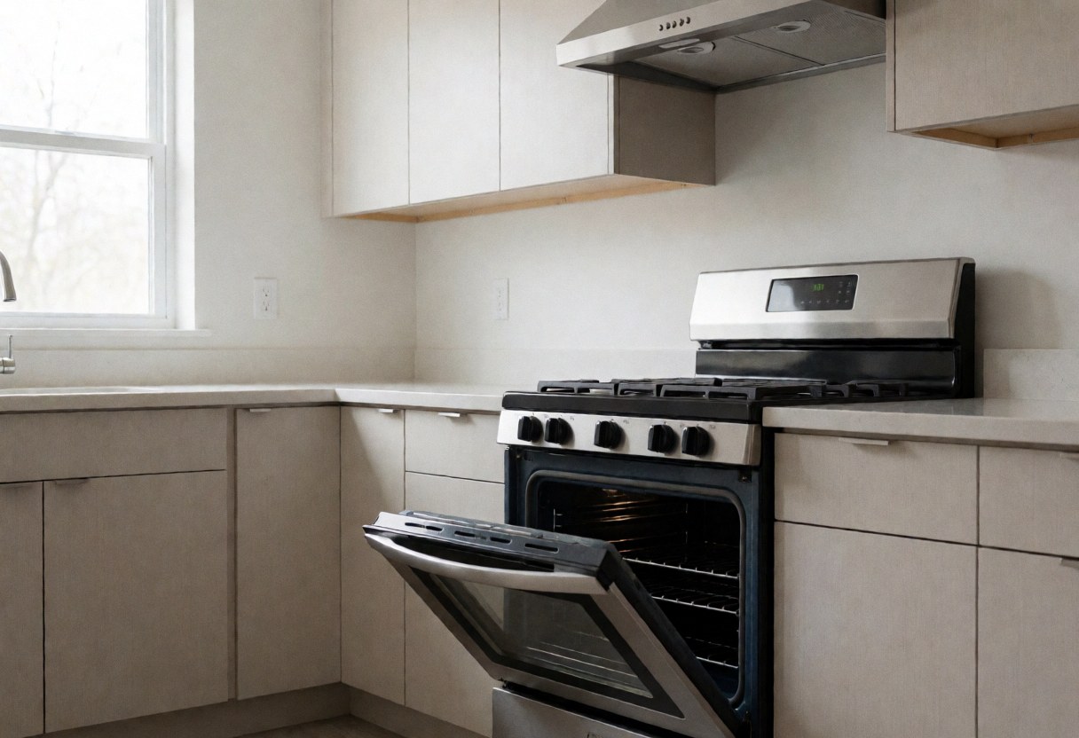 Modern residential kitchen featuring an open stainless steel oven, revealing a clean interior ready for repair, illuminated by natural window light.