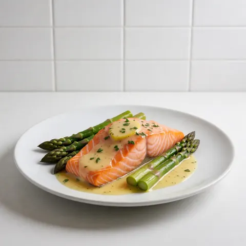 Cooked salmon fillet with green spinach and yellow sauce served on a white ceramic plate against a white tiled background with professional lighting.