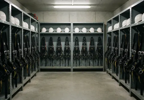 White helmets and black harnesses hanging on metal shelves in a clean industrial equipment room with concrete floor and fluorescent lighting