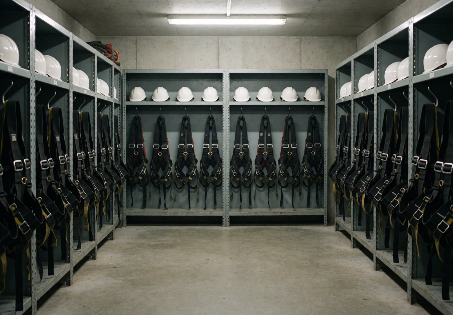 White helmets and black harnesses hanging on metal shelves in a clean industrial equipment room with concrete floor and fluorescent lighting