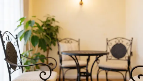 Wrought iron chairs with cushions, round table, and green plants in a living room with light walls and warm light
