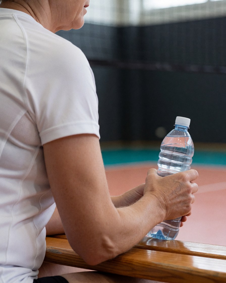 An older athlete sits on a wooden bench holding a water bottle, with a blurred volleyball court and net in the background under soft lighting.