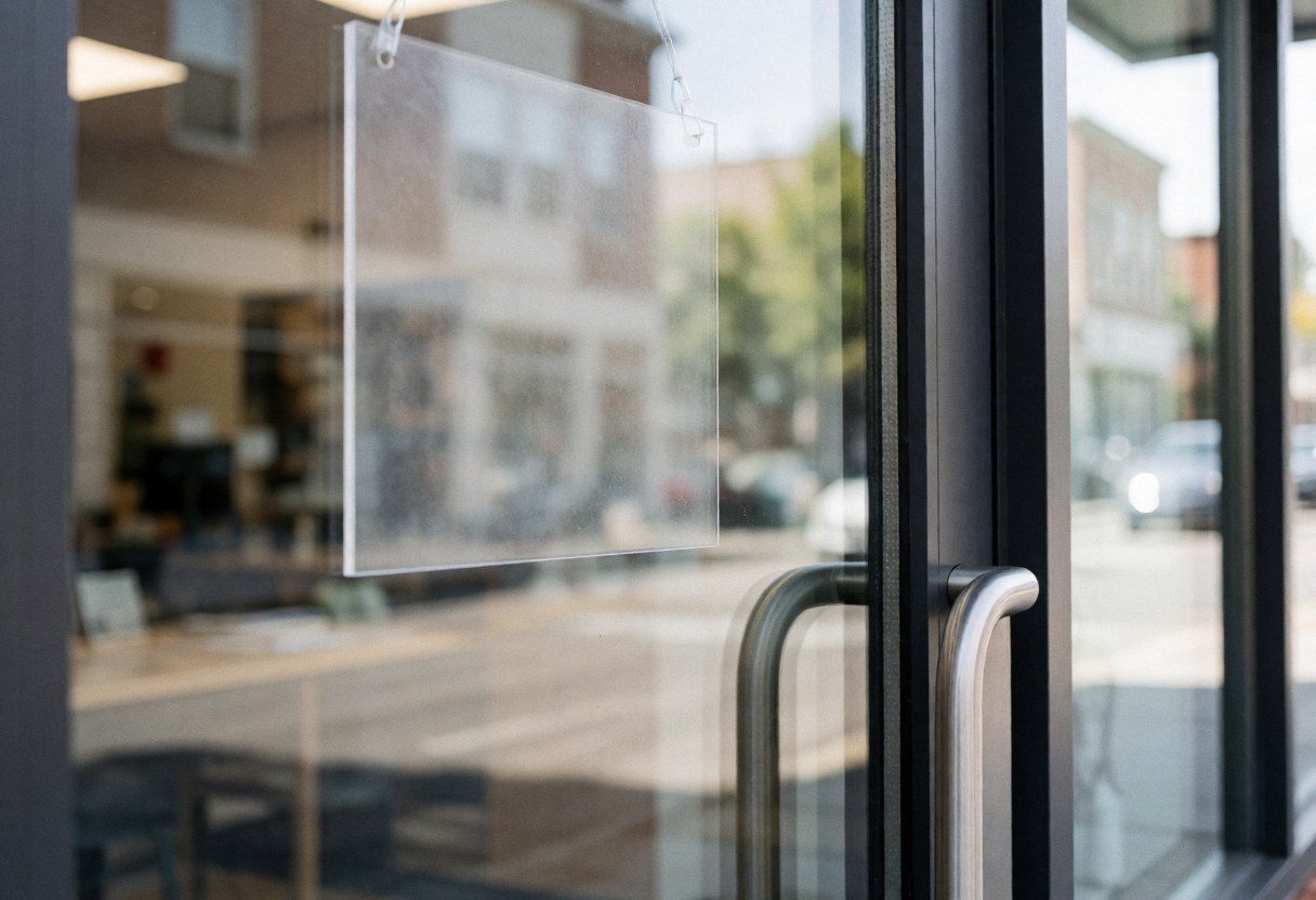 Close-up of a metal door handle on a glass storefront door, showing reflections of the street and interior window.