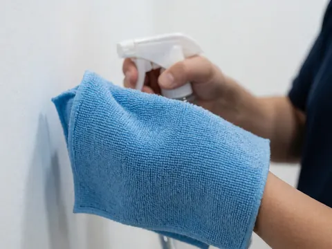 Close-up of a blue microfiber cloth used for cleaning LED and OLED TV screens, with a spray bottle visible in the background for professional repair work