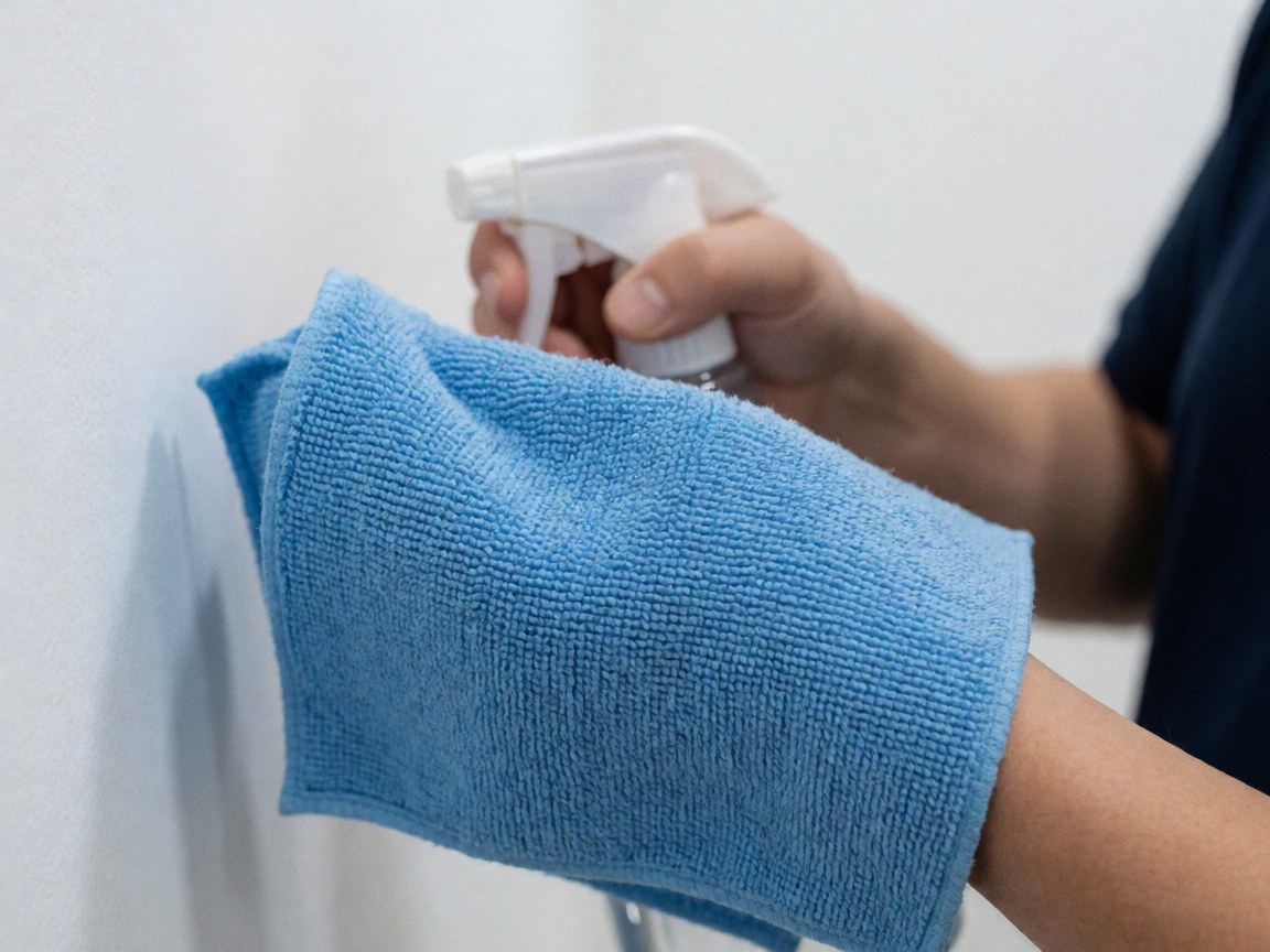 Close-up of a blue microfiber cloth used for cleaning LED and OLED TV screens, with a spray bottle visible in the background for professional repair work
