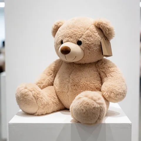 A light brown plush teddy bear sitting upright on a white pedestal against a blurred white background, suitable for toy store or amusement park product displays.