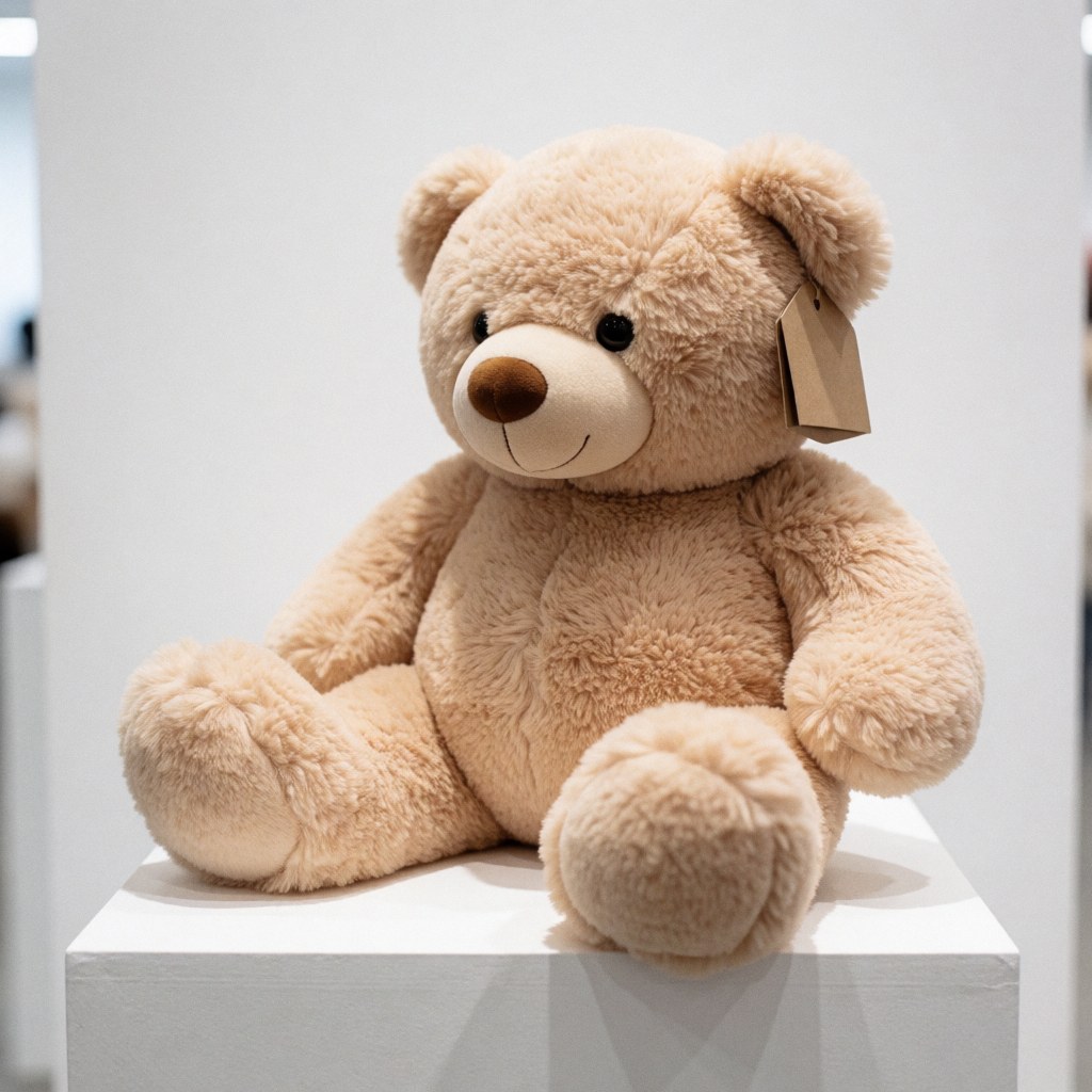A light brown plush teddy bear sitting upright on a white pedestal against a blurred white background, suitable for toy store or amusement park product displays.