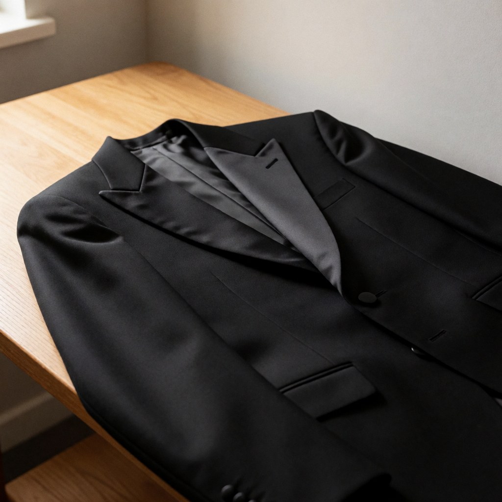 Black tango jacket with satin lapels resting on a wooden table, showcasing luxury details and warm lighting against a neutral background.