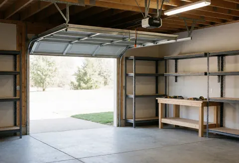 Residential garage with an open sectional door, empty metal shelves, and a wooden workbench with tools, ready for installation.