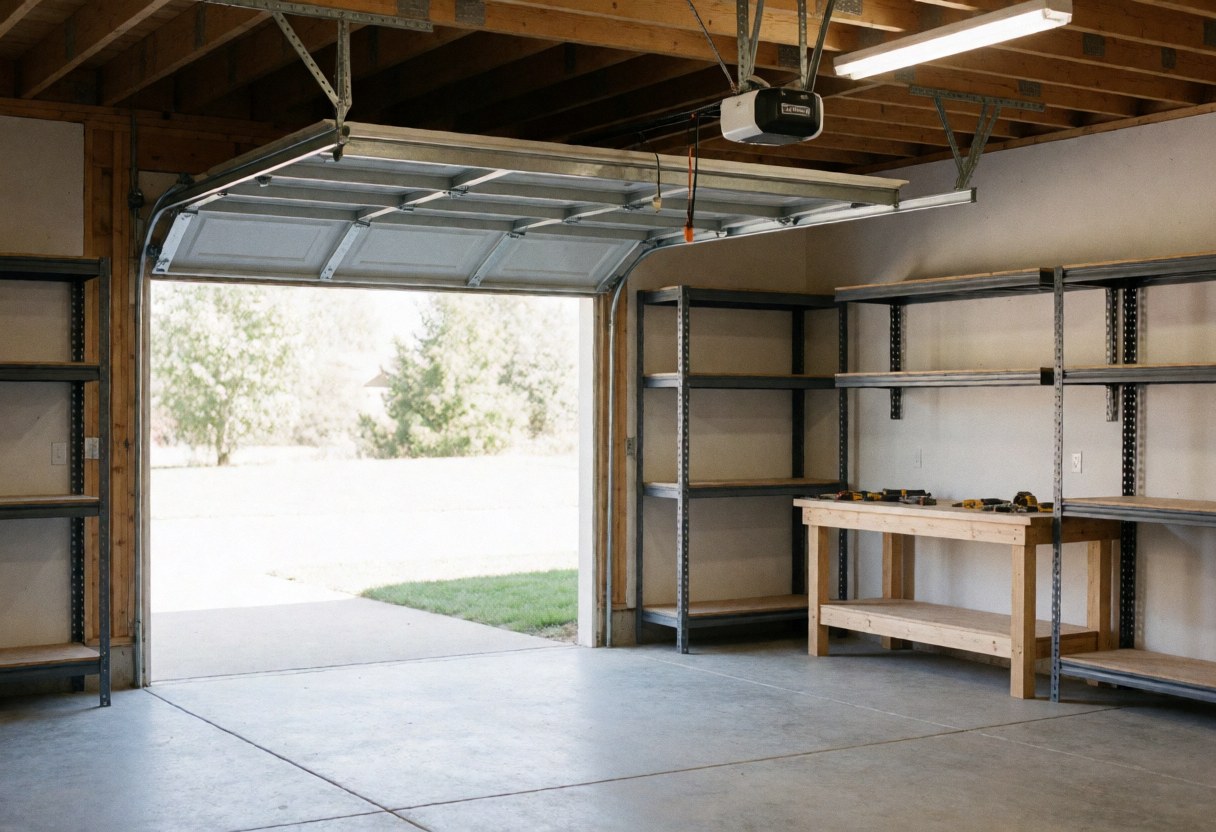 Residential garage with an open sectional door, empty metal shelves, and a wooden workbench with tools, ready for installation.