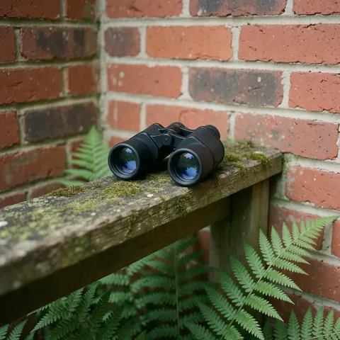 Black binoculars resting on a rustic wooden surface covered in moss, surrounded by green ferns and a red brick wall.