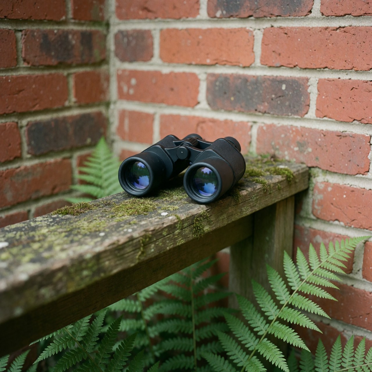 Black binoculars resting on a rustic wooden surface covered in moss, surrounded by green ferns and a red brick wall.
