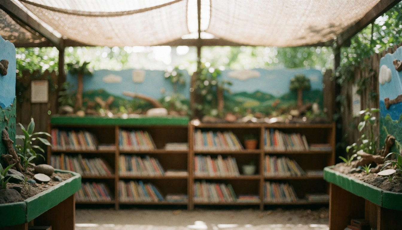 Blurred background of a library with bookshelves and natural landscape dioramas under a mesh structure, ideal for environmental education text.