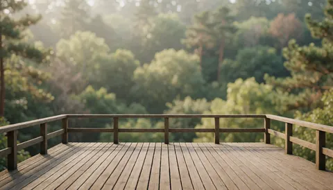 Wooden deck with railing overlooking a dense green forest with soft lighting, ideal for ecological tourism text backgrounds.