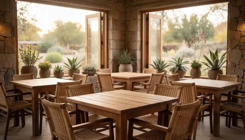 Wooden terrace featuring wicker tables and chairs, stone walls, potted succulents, and soft natural light creating a tranquil atmosphere for events or relaxation.