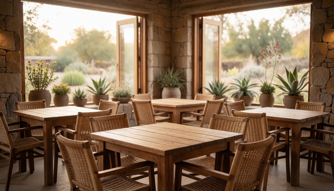 Wooden terrace featuring wicker tables and chairs, stone walls, potted succulents, and soft natural light creating a tranquil atmosphere for events or relaxation.