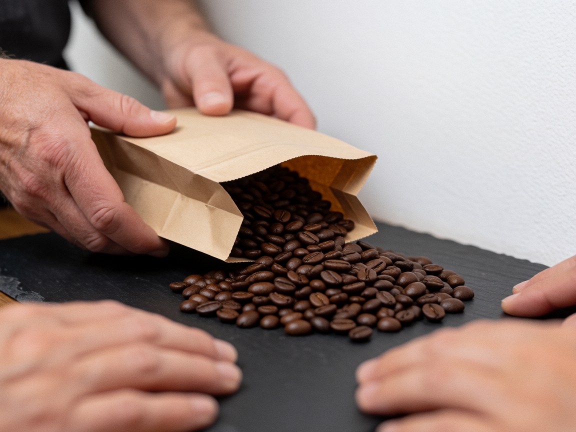 Dark roasted coffee beans being poured from a brown paper bag onto a dark stone surface, highlighting the rich texture of the beans.