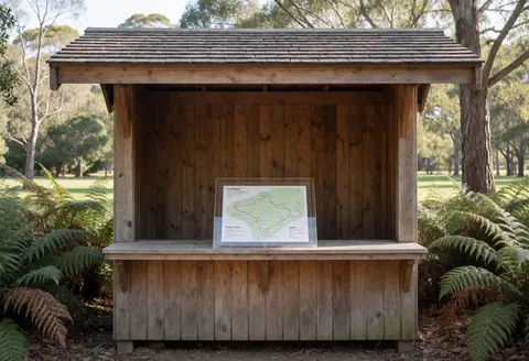 Rustic wooden kiosk displaying a trail map on an acrylic stand, surrounded by ferns and trees in natural light