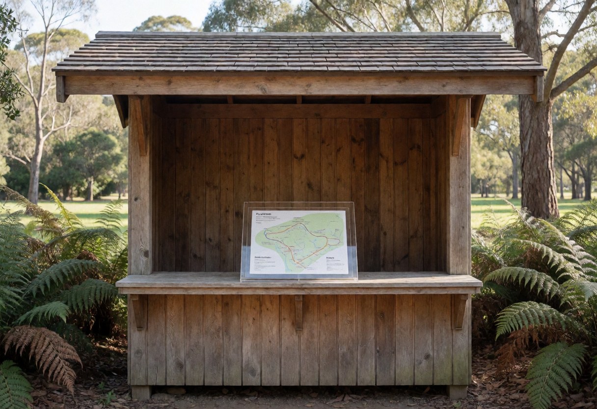 Rustic wooden kiosk displaying a trail map on an acrylic stand, surrounded by ferns and trees in natural light
