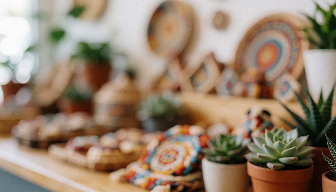 Store background featuring crafts and potted succulents with decorative objects and natural textures in warm tones