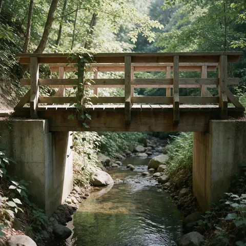 Wooden bridge with vines crossing a stream among trees with sunlight filtering through the vegetation