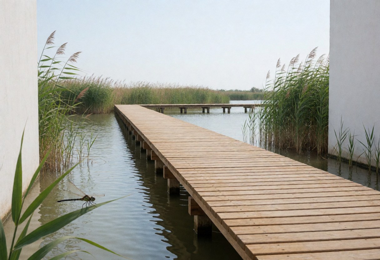 Wooden boardwalk over calm water surrounded by reeds with a dragonfly resting on a leaf in the foreground