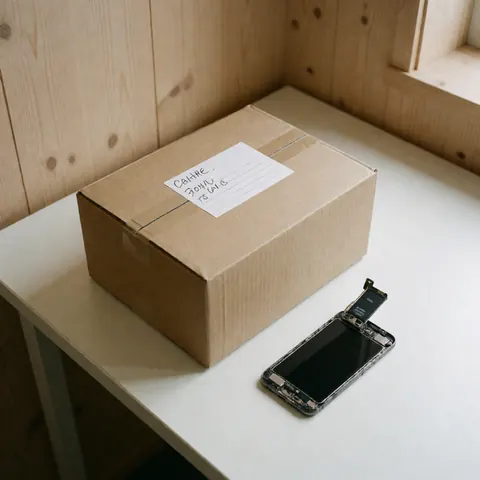 A disassembled mobile phone inside a cardboard shipping box with a handwritten label on a white table, suitable for mobile repair services.