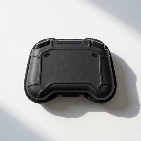 Top view of a black textured protective case for a video game controller on a white background with reinforced corners and a soft shadow.