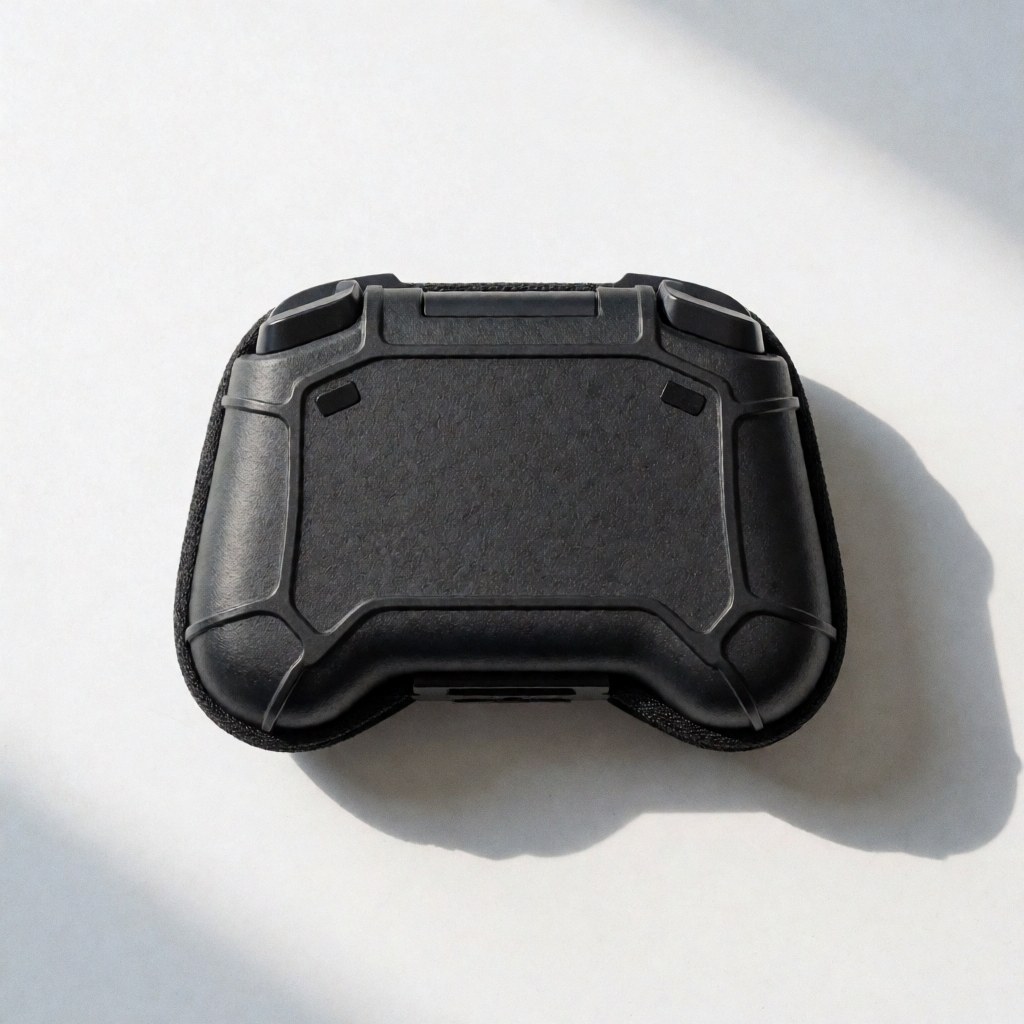 Top view of a black textured protective case for a video game controller on a white background with reinforced corners and a soft shadow.