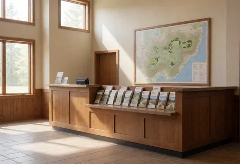 Reception desk in an ecological park featuring a large topographic map, brochures, wooden counter, and natural light from tall windows.