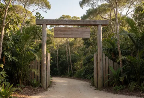 A wooden archway marks the entrance to an ecological park, featuring a dirt path and vibrant vegetation under warm sunset light.