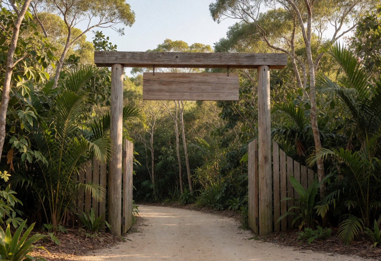 A wooden archway marks the entrance to an ecological park, featuring a dirt path and vibrant vegetation under warm sunset light.