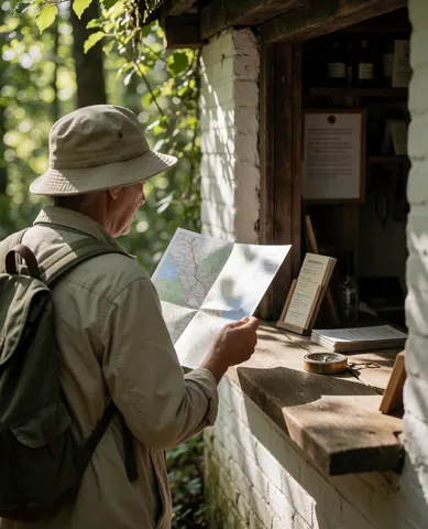 Visitor with hat and backpack reviewing a map at a wooden kiosk in an ecological park with compass and guides.