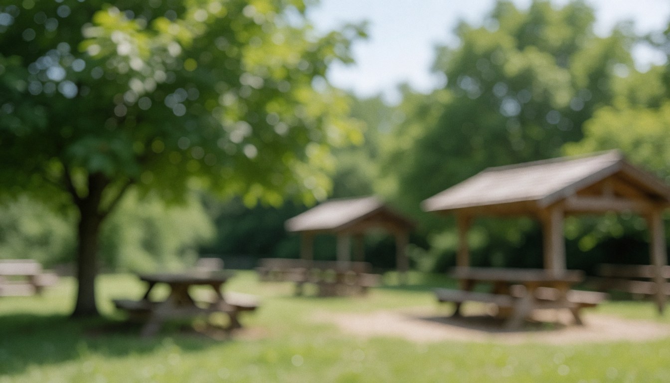 Soft focus background of an ecological park with wooden tables under green trees, providing ample space for text overlay.