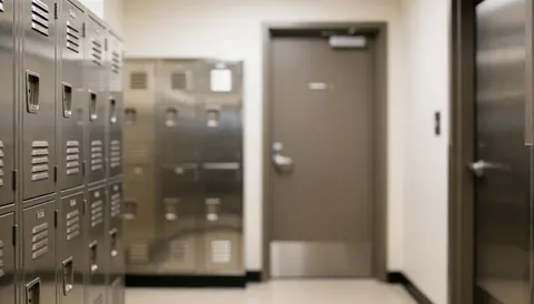 Blurred industrial hallway with metal lockers and access door, soft neutral background suitable for text overlay in business contexts