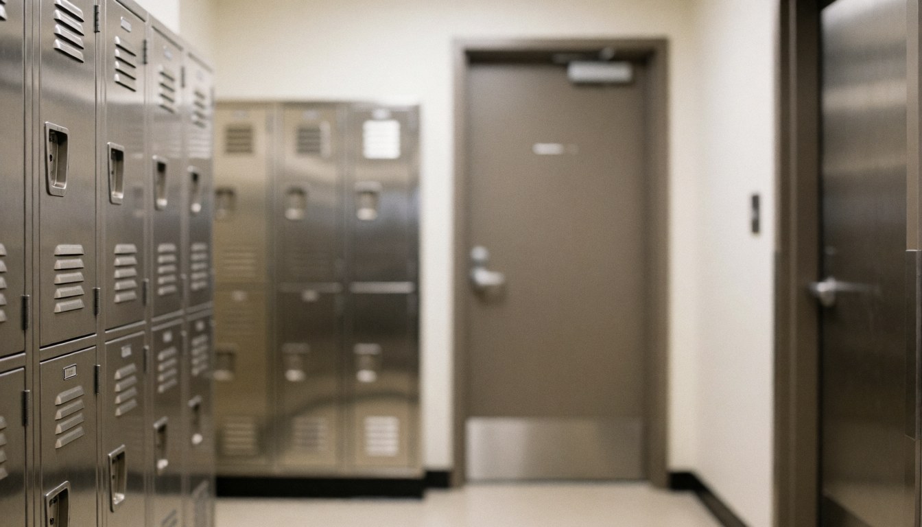 Blurred industrial hallway with metal lockers and access door, soft neutral background suitable for text overlay in business contexts