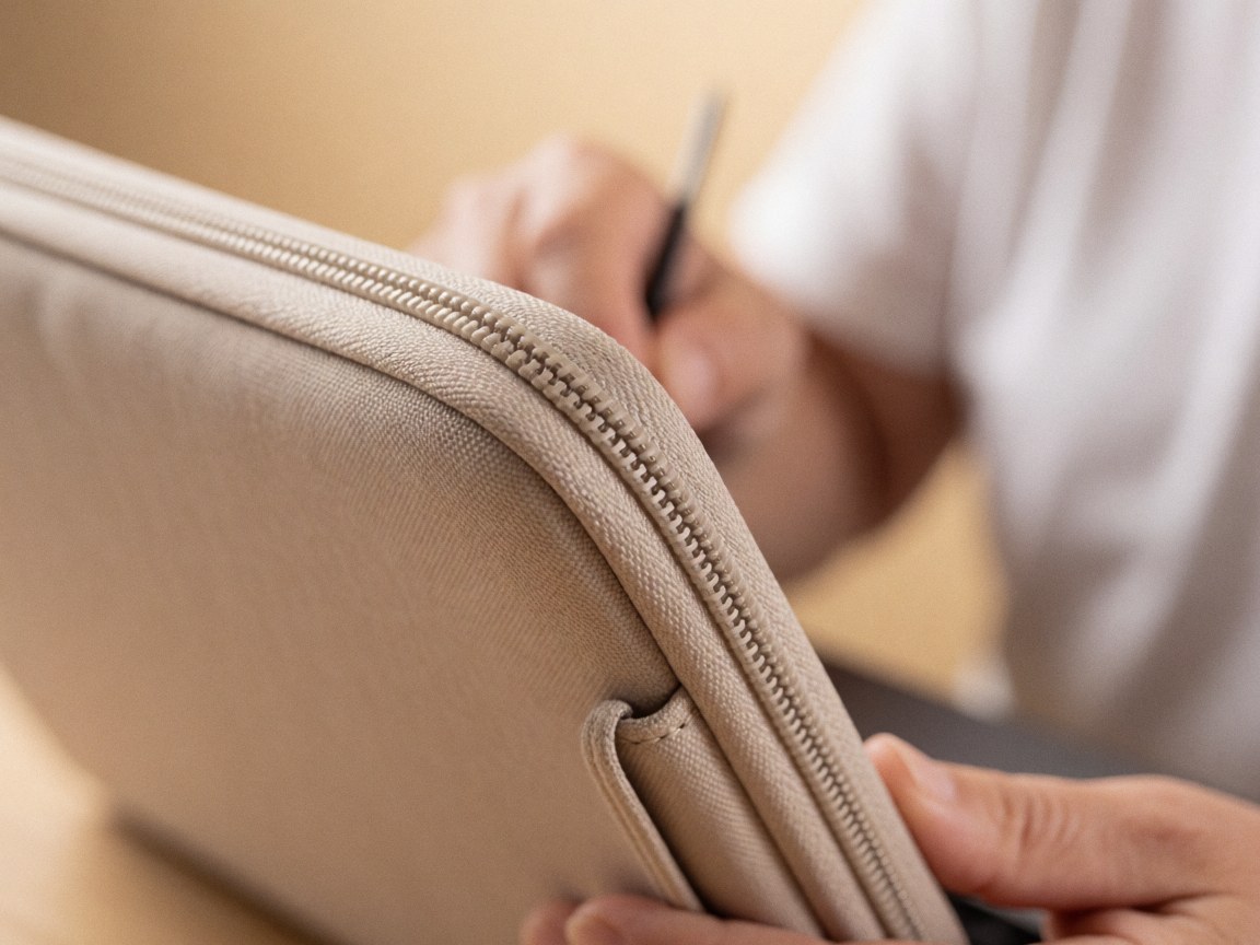 Detailed view of a metal zipper and beige fabric stitching on a computer case, highlighting texture and craftsmanship.