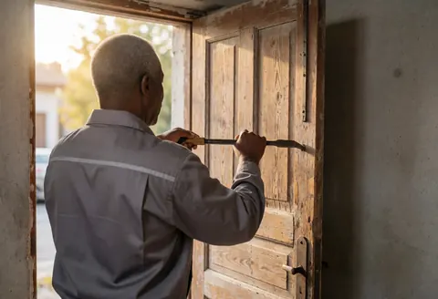 A professional installer uses a pry bar to remove an old wooden door during a service in action.