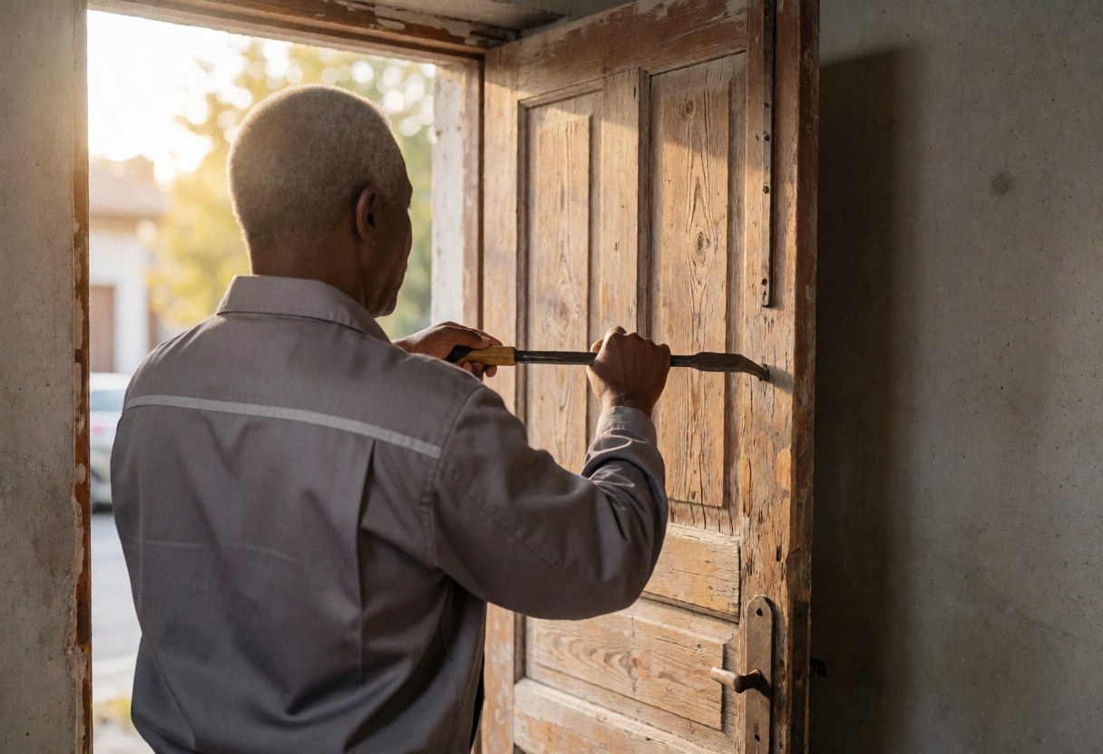 A professional installer uses a pry bar to remove an old wooden door during a service in action.