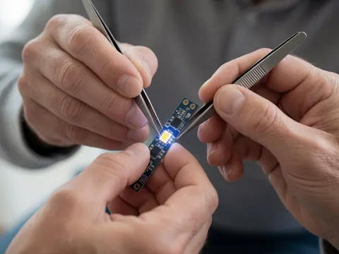 Close-up of technician hands using tweezers to inspect a damaged LED diode under UV light, showing precise circuit details and clean workspace.