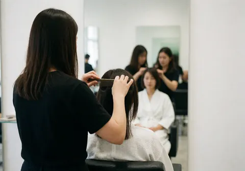 Professional stylist sections client's hair with a comb while the client in a white robe waits in a modern salon chair.