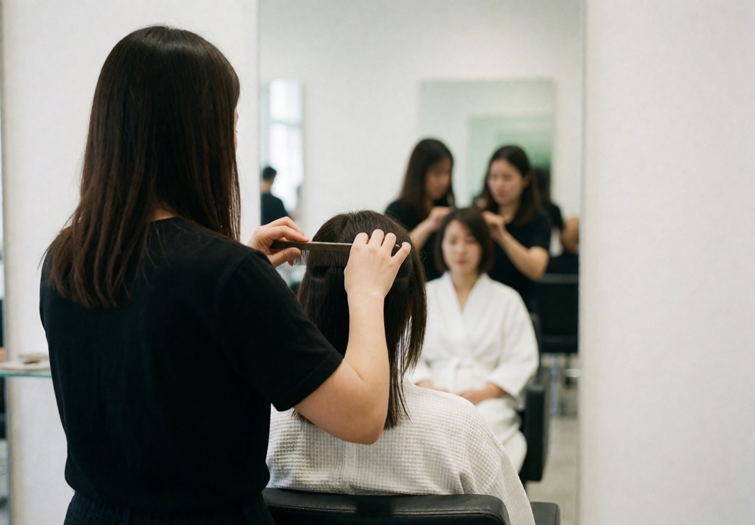 Professional stylist sections client's hair with a comb while the client in a white robe waits in a modern salon chair.