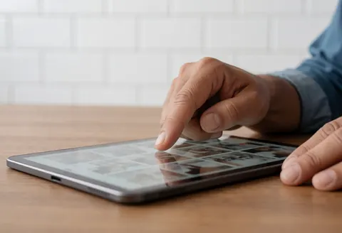 Hand selecting photos on a tablet on a wooden desk with a white tiled wall background