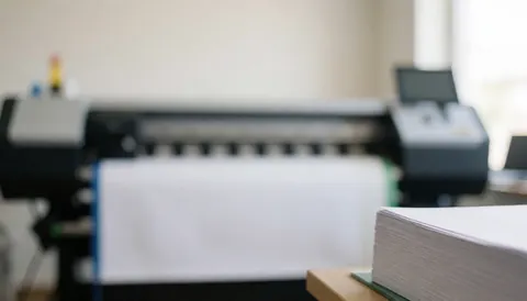 Professional background featuring a large format printer and a stack of paper, suitable for commercial text overlays.