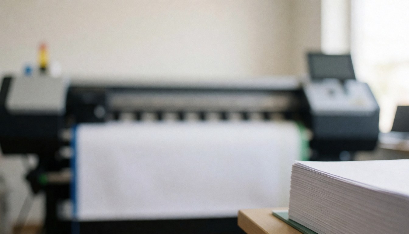 Professional background featuring a large format printer and a stack of paper, suitable for commercial text overlays.