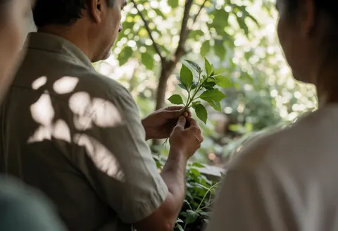 Instructor showing plant identification to a group in an ecological park with sunlight through trees and hands in focus