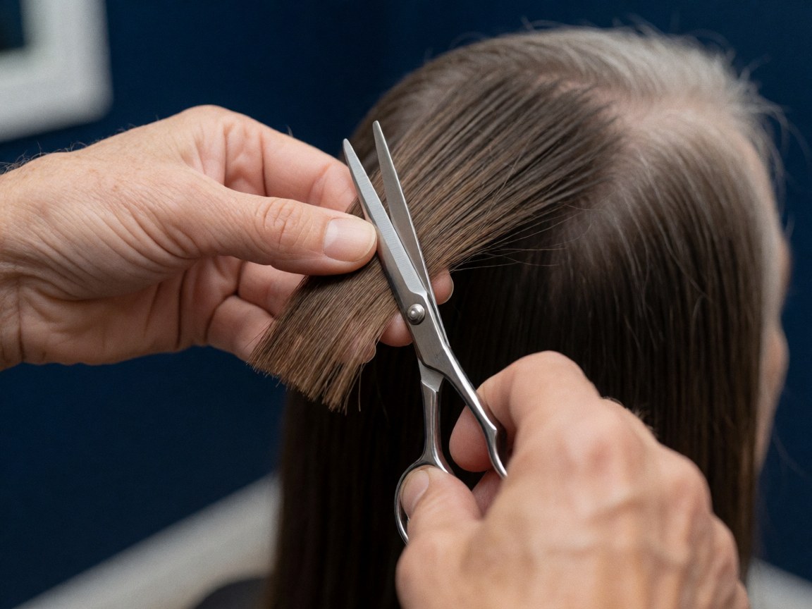 Metal hairdressing scissors cutting straight, shiny brown hair with adult hands visible against a dark blue background in a professional salon setting