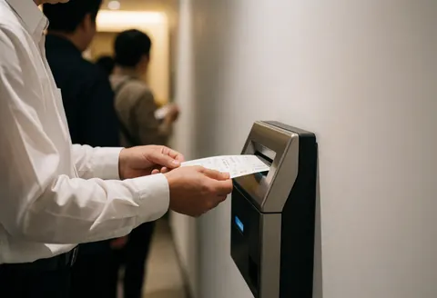 A hand inserts a paper ticket into a wall-mounted validation device against a blurred hallway background with warm lighting.
