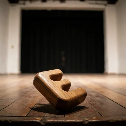 A wooden maraca shaped like the letter E resting on a wooden theater stage floor with a dark curtain backdrop and white walls under warm lighting